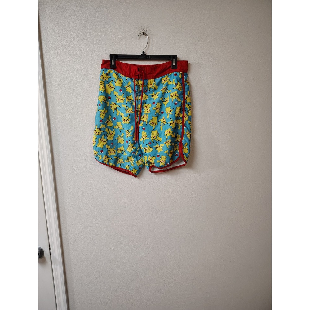 Pokemon Pikachu Swim Trunks Mens Medium Blue Red Poke Ball Board Shorts Mesh